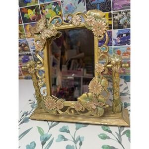 Vintage Gold Floral Butterfly Vanity Tabletop Mirror Ornate Frame 8.5x8.5"